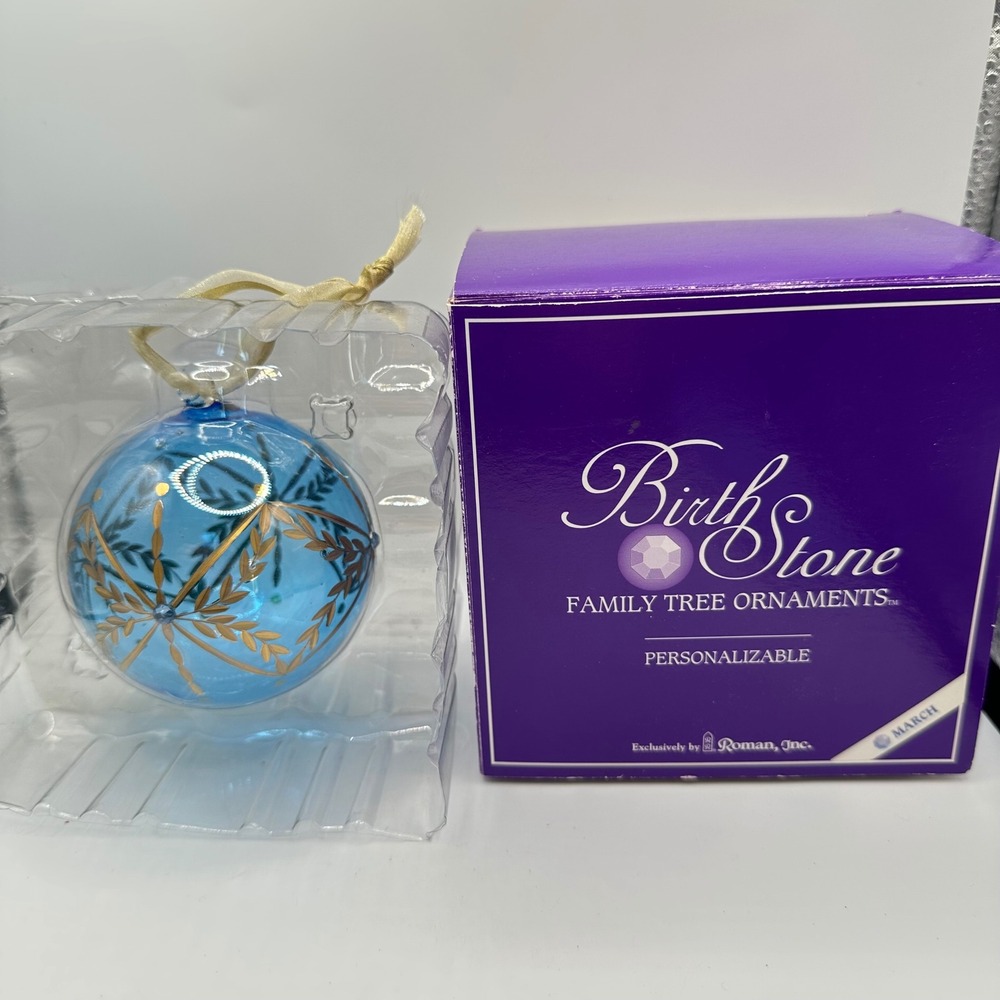 Roman Inc March Birthstone Family Tree Ornament Blue Glass Gold Hand Painted 3"